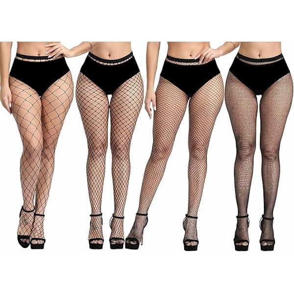 4-pakning Plus Size Fiskenettstrømper, Svarte Fiskenettights Lårhøye Tights