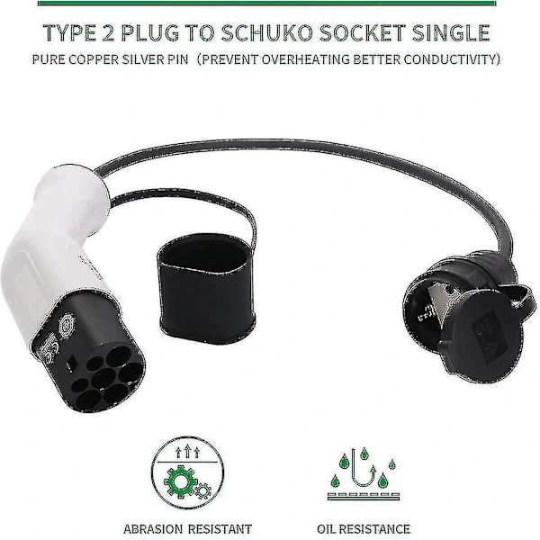 Type 2 til Schuko 16a EV ladeadapter - Hvit Svart