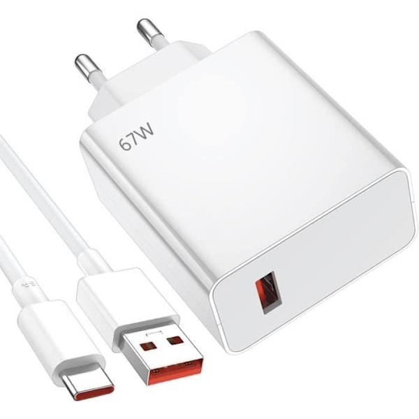 67W ultrarask lader + 6A USB-C-kabel for Xiaomi 14, 14 Pro, 13T, 13, 12, 12T Pro, Redmi 12, Redmi Note 12 Pro, Note 11-10-9-8 Vit