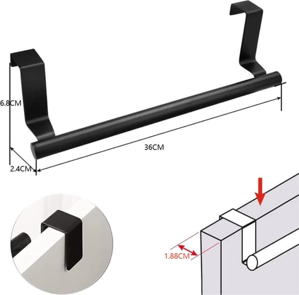 Håndklædestang til skabslåge, 2-pak rustfrit stål håndklædeholder uden boring til køkken, badeværelse og soveværelse, sort, 36 cm