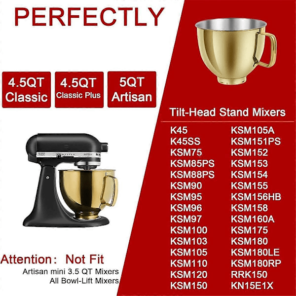 CASA 5 QT Røreskål i rustfrit stål til Artisan&Classic Series 4.5-5QT Tilt-Mixere K45 KSM70 KSM150 Go