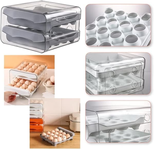 Egg Storage Container, 32-Compartment Transparent PET Stackable Egg Holder With Drawer Design For Refrigerator And Kitchen, Orange
