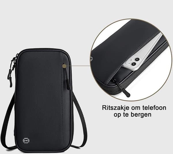 Paspengepung, vandtæt nylon RFID-blokerende rejsearrangør med lynlås, håndledsrem og flere rum, sort, 23 x 13 x 3 cm