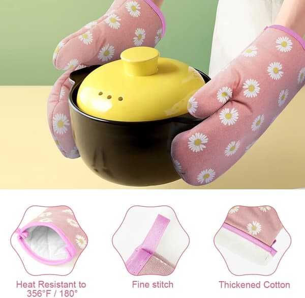 Oven Mitts and Pot Holders, BBQ Gloves, 1 Pair Oven Mitts and 2 Pot Holders, for Cooking, Baking, Kitchen, Microwave, Pizza pink