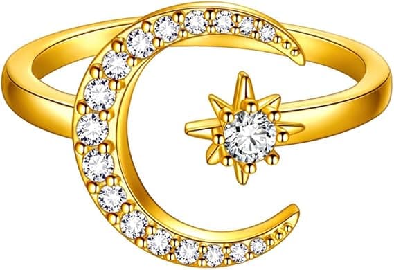 Stjerne- og måneringer Justerbar halvmåne stjerner Åpen ring Belagte smykker Gaver til kvinner Gull Gold