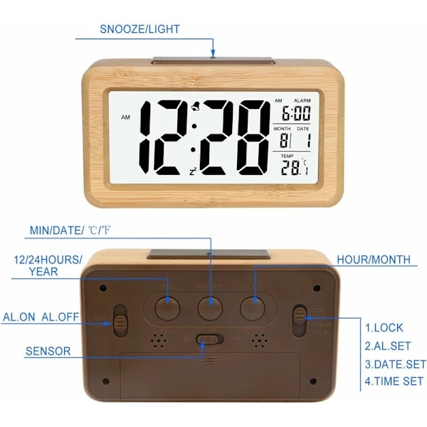 Enkel Installation Bambu Digital Väckarklocka med Temperatur, Digital Väckarklocka, för Sovrum