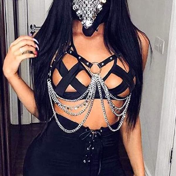 Gotisk Læder BH Kæde Sort Multilayer Sele Bryst Kæder Multilayer Stropper Buste Clubwear Kropstilbehør