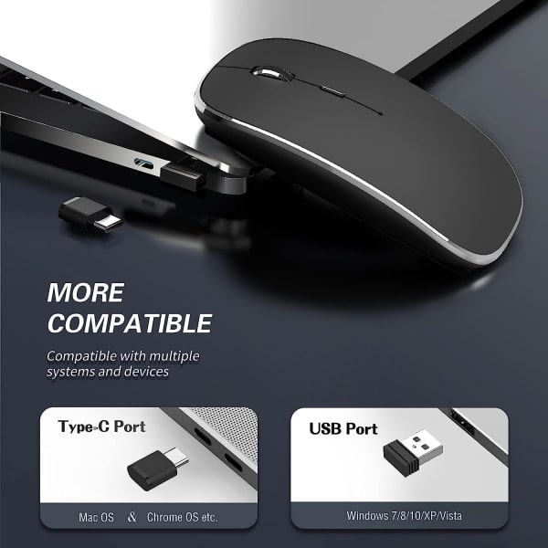 Trådløs mus, genopladelig, bærbar, lydløs trådløs mus, USB og Type-C, dobbelt tilstand, trådløs mus, 3 justerbare DPI til bærbar computer, Mac, PC