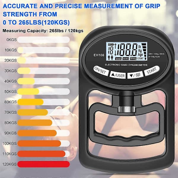 Hånddynamometer 120 kg - Elektronisk Grebsstyrkemåler, Sort