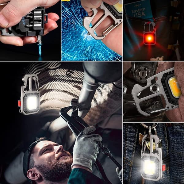 LED nøkkelringlommelykt, USB oppladbar multifunksjons arbeidslampe med magnet, flaskeåpner, vindusknuser for camping, grå 1 pack