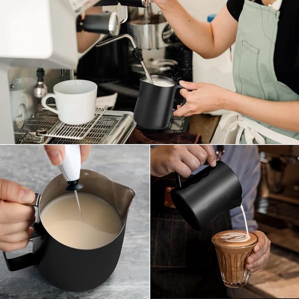 Mælkeskummerkande, 304 rustfrit stål med målemærker og Latte Art Pen, til Cappuccino og Latte Art, sort, 350 ml