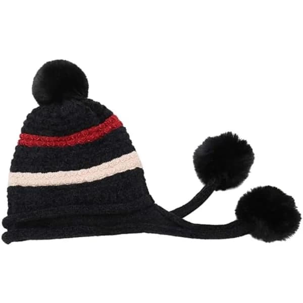 Strikket lue med pompom-øreklaffer for vinter, dame Svart
