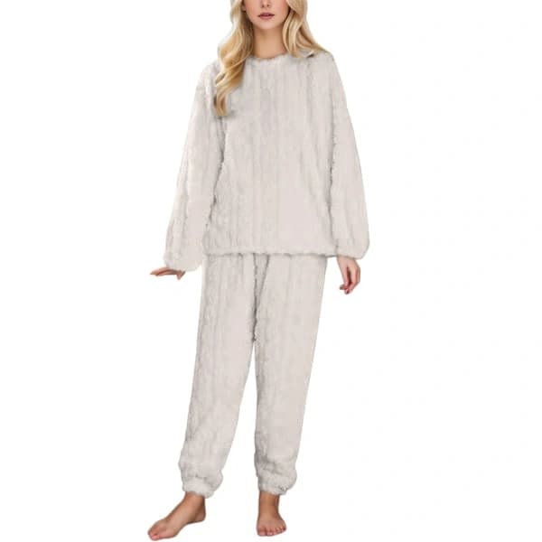 Fleecepyjamas til damer, blødt nattøjsæt, kostume, nattøj, pyjamas, vinter, varm, hvid L