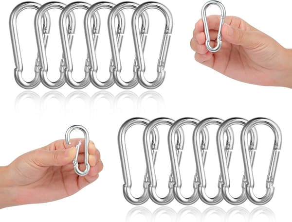 Karbinhake Nyckelring 12-pack, Galvaniserad Stålfjädergrind, 6 x 60 mm för Ryggsäckar, Hundkoppel, Camping, Silver