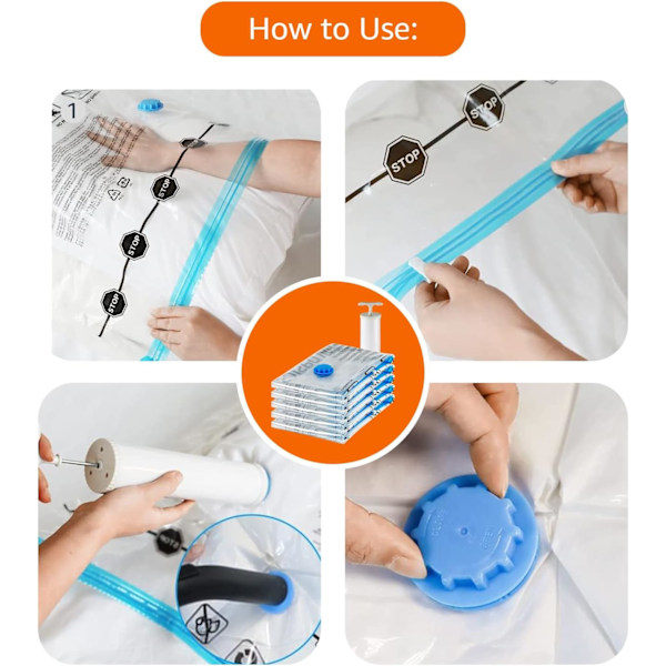 Basics vakuumposer for klær med lufttett ventil og håndpumpe – flere, 3 x jumbo, 3 x store, 3 x medium, 3 x små, 12-pakning, glidelås 12-pakning (mul...