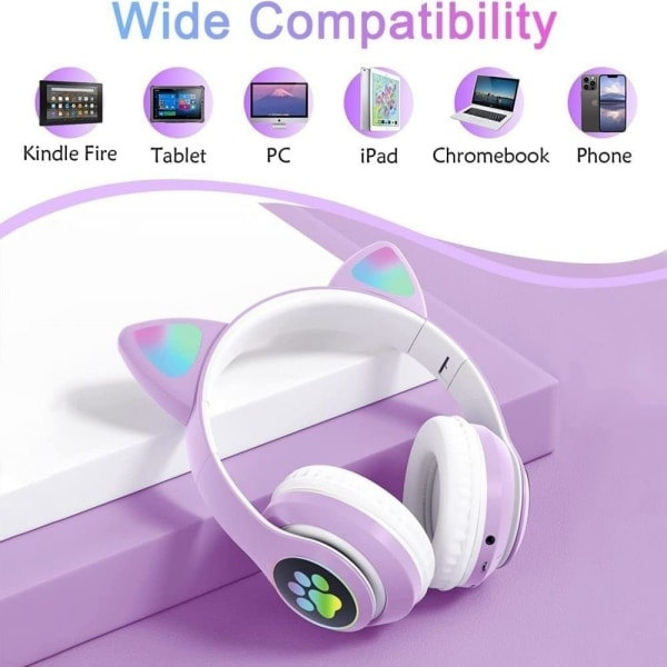 Wireless Kids Headphones with LED Lights, Cat Ears and Microphone