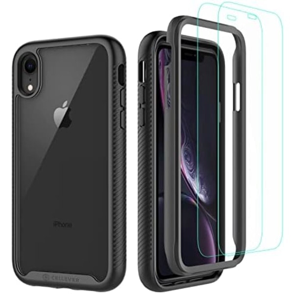 SQBB CellEver Klar Case for iPhone XR, kraftig beskyttelse med anti-skli TPU støtfanger og [2 skjermbeskyttere i herdet 9H glass] Sho Black