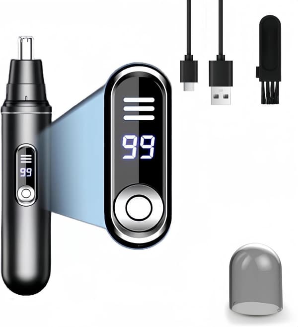 Næse- og øretrimmer med LED-display, dobbeltblad, vaskbar, USB genopladelig til mænd og kvinder, sort