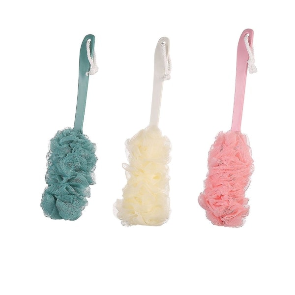3-pack duschsvampar med handtag, ryggskrubb, mesh med långt handtag