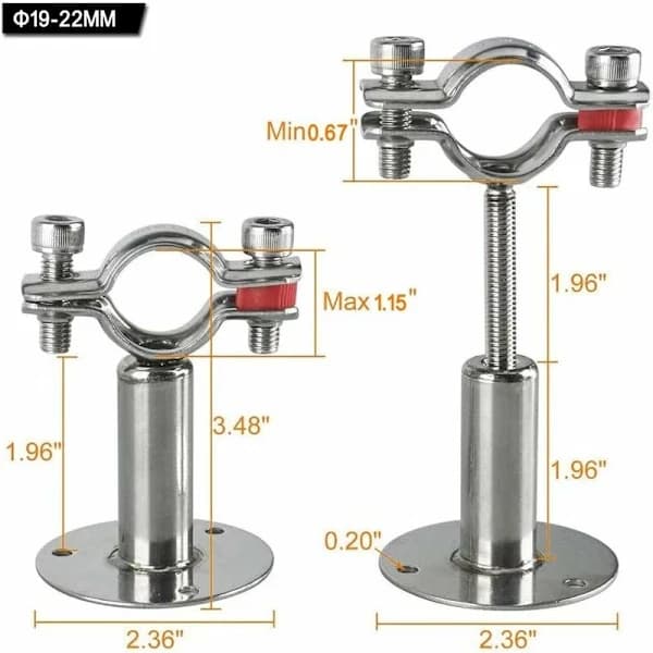 4 stk. vægmonterede rørholdere i rustfrit stål til rør med 19-22 mm diameter, justerbare rørstøtteklemmer i rustfrit stål