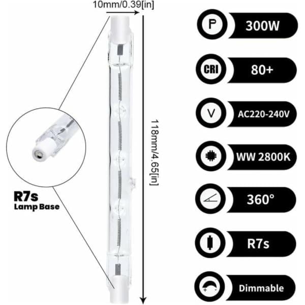 300W dimbar halogenpære varmhvit AC220-240V J118 lineær (5 stk)
