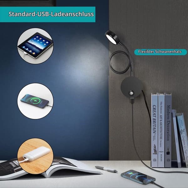 LED-seinälukuvalo, kosketushimmennettävä, 3 värilämpötilaa, 360° joutsenkaula, USB-virta, sängynvieri, musta