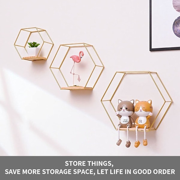 Flytande Hexagon Hyllor, Nordisk Stil med Hållbar Metall, Minskar Röran och Sparar Utrymme, Robust med Högkvalitativ Massiv Träbas, Idealisk för Al...