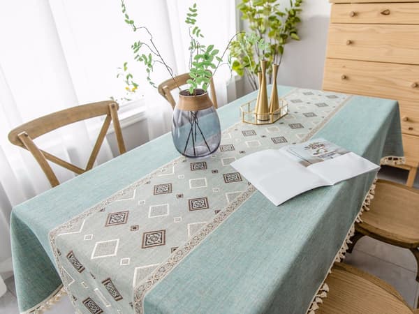 Rektangulær duk, vaskbar polyester-bomullsblanding med duskekant for spise- og salongbord, grønn, 140 x 180 cm
