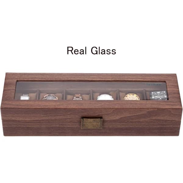 Etui för 6 klockor/display/låda/förvaring för klockor i PU och trä med mönstrat glas
