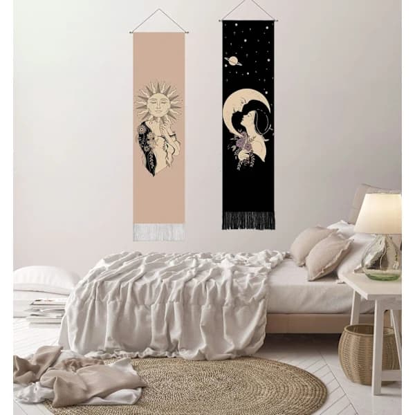Boho Dekor Sol og Måne Tapestry til Soveværelse Æstetik (32 x 137 cm) Sort Bomuld Linned Tapestry til Stue