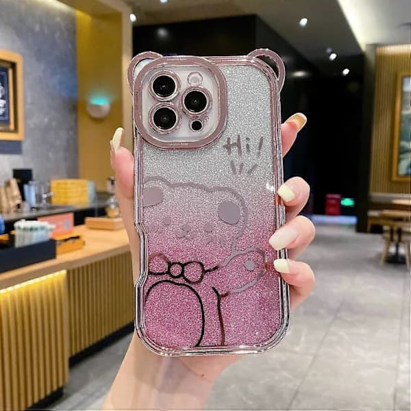 For iPhone 16 Pro Max Deksel Søt Teddy Elektroplettering TPU Telefondeksel med Gradient Glitterpapir