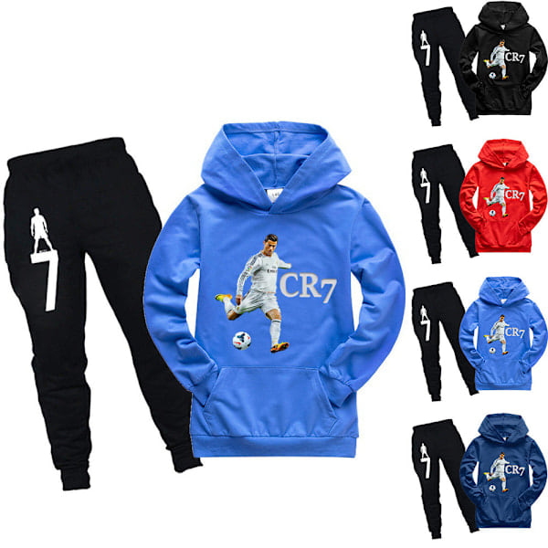 Ronaldo CR7 Barne Hoodie Sweatshirt Hettegenser Topper+Bukser Treningsdress Antrekk Kongeblå 150cm (ca)
