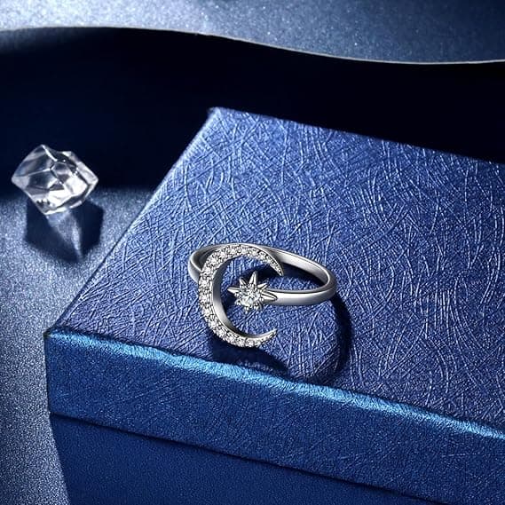 Stjerne- og måneringer Justerbar halvmåne stjerner Åpen ring Belagte smykker Gaver til kvinner Sølv Silver