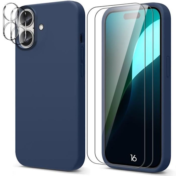 CASA Cover til iPhone 16 Silikone Marineblå + 2 skærmbeskyttere i hærdet glas og 2 bagkameraglas