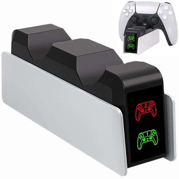 PS5 Controller Opladningsdock, Dobbelt Hurtigoplader med LED-indikator og Opbevaringsstander til Sony PlayStation 5, Hvid Sort