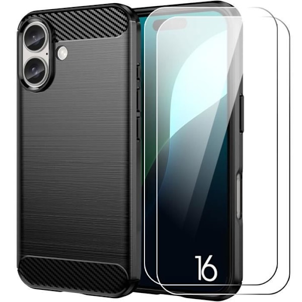 Etui + 2 stk hærdet glas til iPhone 16, silikonecover Sort stållinjemønster Black