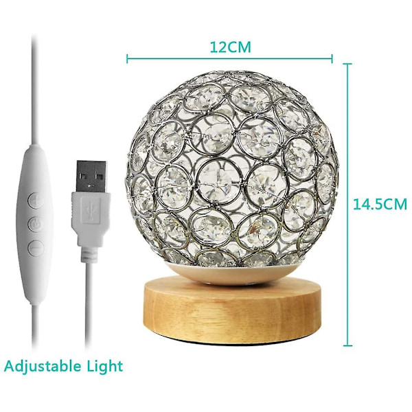Kristall USB Bordslampa Silver Kristallkula med Träfot Nattlampa