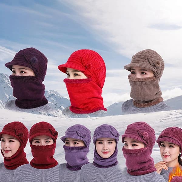 Vintermössa, förtjockad, vindtät, utomhus, ullhatt, öronlappar, mörklila