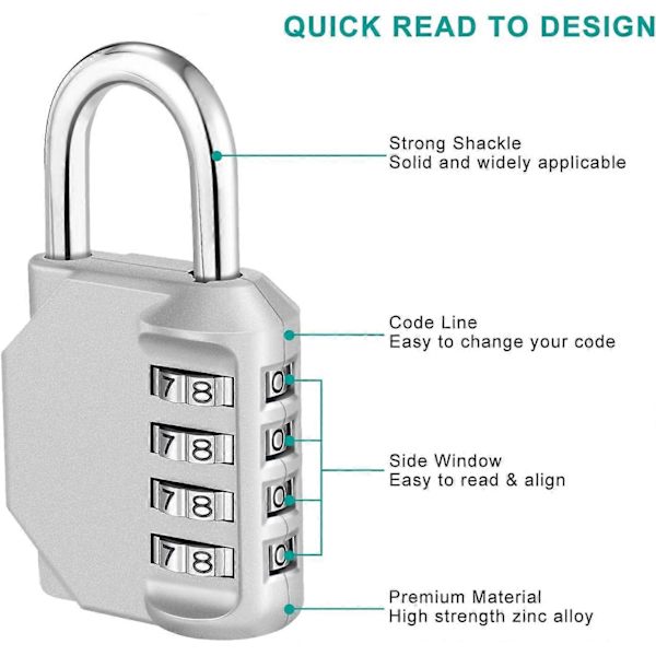 Combination Padlock, 4-Digit Coded Padlock, Gym Lock, School Locker Lock, Weatherproof Outdoor Combination Lock (Black) Silver