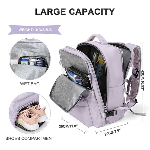 Vandtæt Letvægts Rejserygsække Stor Kapacitet Kvinder Multifunktionel Rejsetaske USB-Opladning Kvinde Flybagage Pink Pink 43x30x20cm