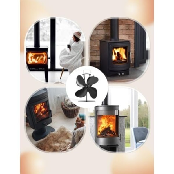 Brændeovnsventilator med 4 blade, varmeaktiveret pejsventilator til brændeovn/pejs/gas/brændekomfur (sort).ca