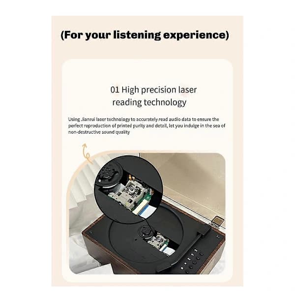 Bærbar Retro CD-spiller med Bluetooth 5.0, USB & AUX-inngang, trefarget hvit