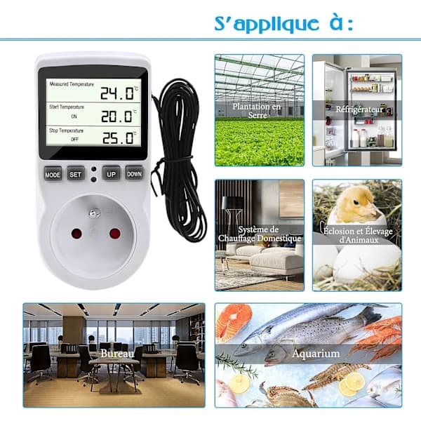 Termostatuttak, digital temperaturregulator, digitalt programmerbart uttak med sonde, programmerbar digital timer, varmetermostatuttak for drivhus, ak...