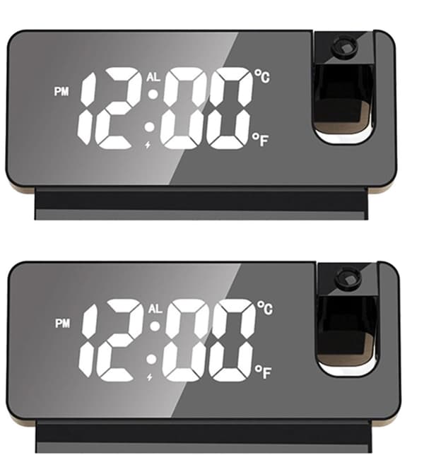 Digital projektionsväckarklocka, 180° roterande LED-spegeldisplay, dubbla larm, USB-driven, sängbord, 2-pack, svart