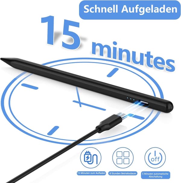 Universal Kapacitiv Stylus Pen, 1,2 mm Højpræcisionsspids, 15-minutters Opladning, Til Android Tablets Og Smartphones, Sort