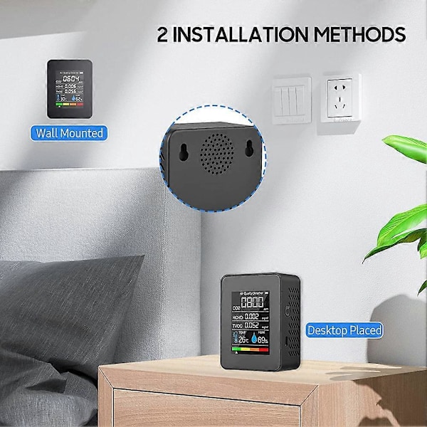 CASA 5 i 1 Luftkvalitetsmåler TVOC HCHO Temperatur Fugtighed CO2 Måler, USB Genopladelig CO2 Detektor Sort