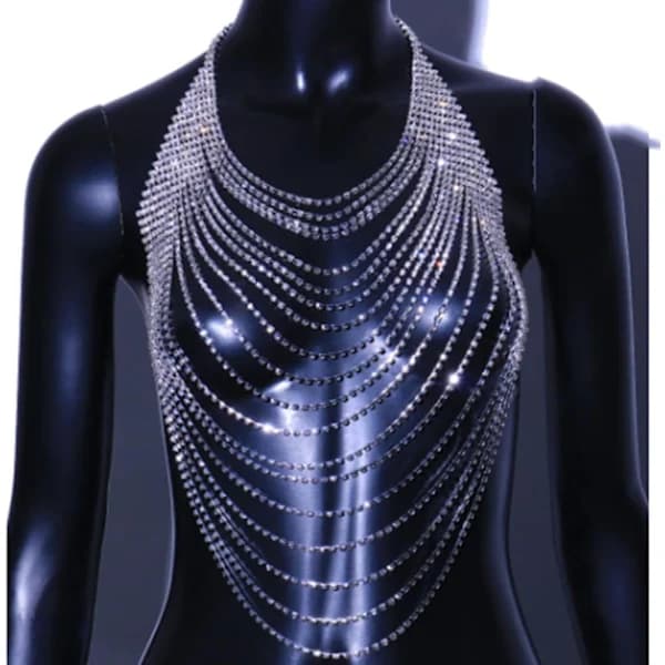 2025 Seneste Model Fuld Strass Kropskæde Krystal Krydset BH Kropskæde Halskæde Boho Multilags Kostume Brystkæde Strand Se