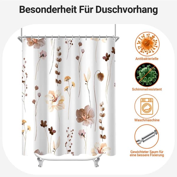 Duschdraperi, Antibakteriellt, Mögelresistent, Tvättbart, 12 Ringar, För Badrum Och Badkar, Brun Blommig, 180 x 200 cm