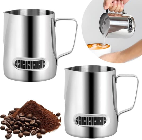 2-pak mælkeskummekander i rustfrit stål, 600 ml med indbyggede termometre, til latte art, til hjemmet og caféer, sølv
