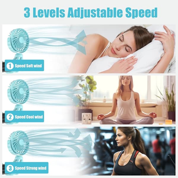 Mini Klapvognsventilator, USB Genopladelig, Stille 3-Hastighed, 360° Roterende, Fleksibelt Stativ Med LED-Lys Til Klapvogne & Autostole, Blå